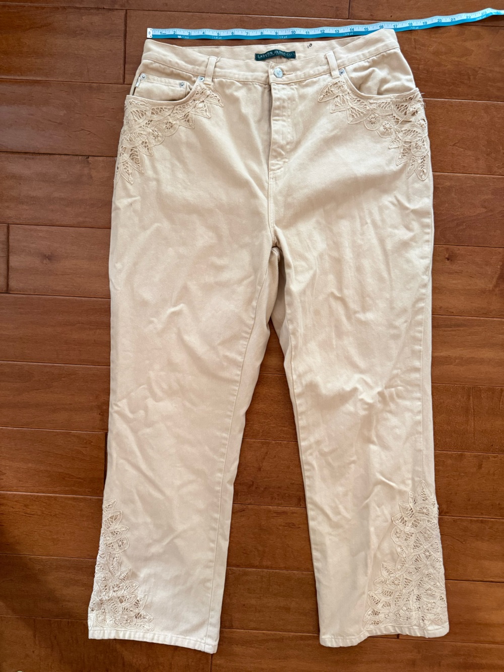 Polo Ralph Lauren Embroidered Women’s Cream Straight-Leg Jeans Lace Detail
